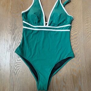 CUPSHE Emerald Green V Neck One Piece Swimsuit White Piping L